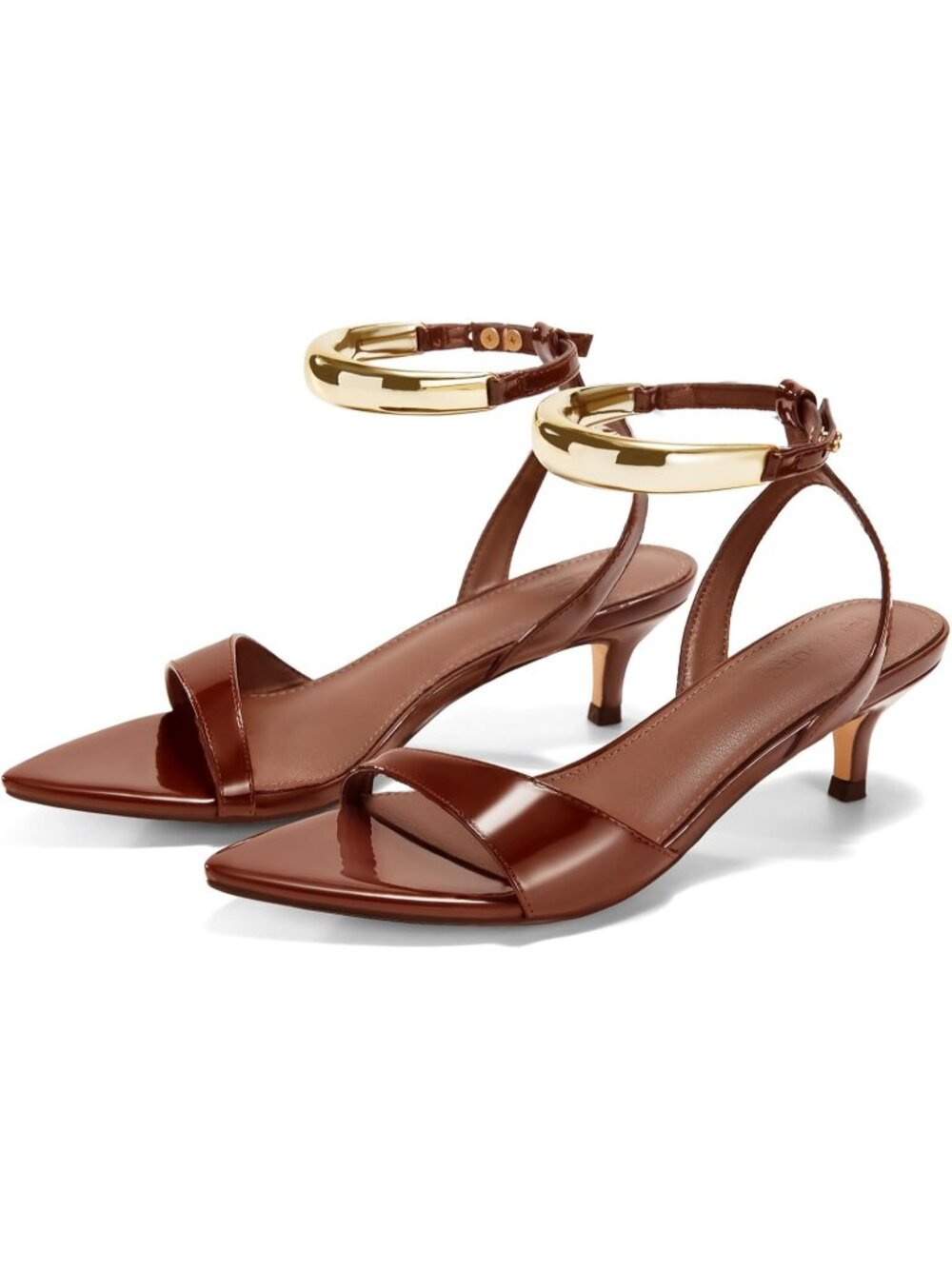 Women's Brown Low Kitten Heels Sandals Strappy Pointed Open Toe One Strap Metal